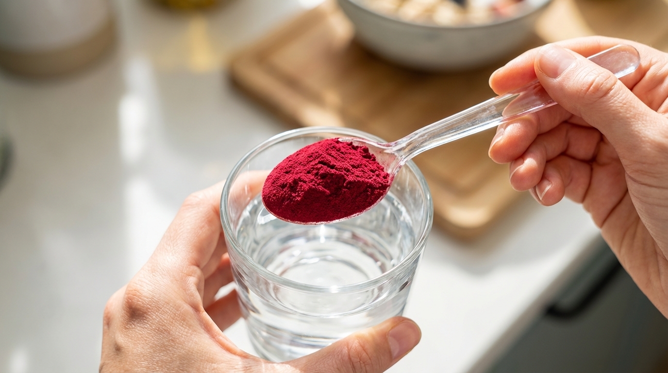 Hands scooping deep red supplement powder into glass of water