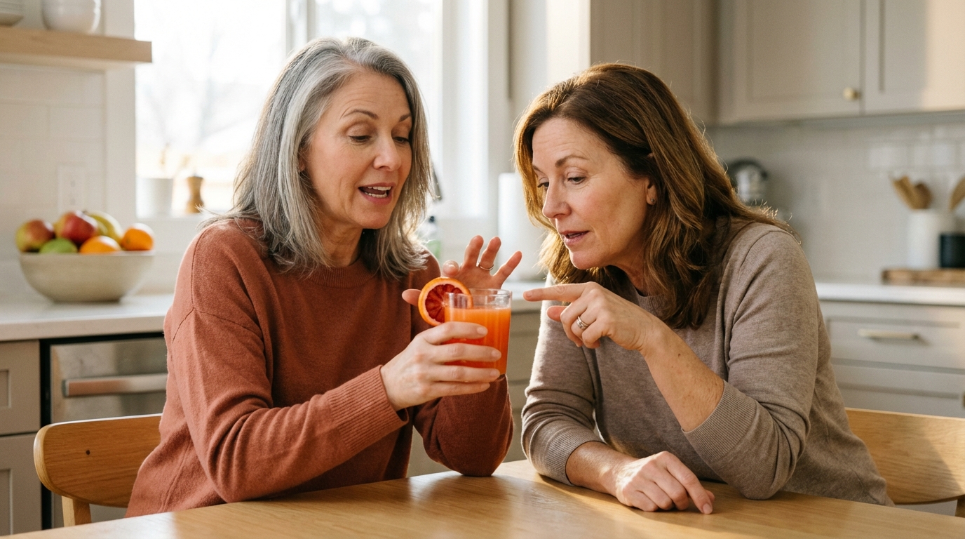 Two women in kitchen examining orange supplement drink together
