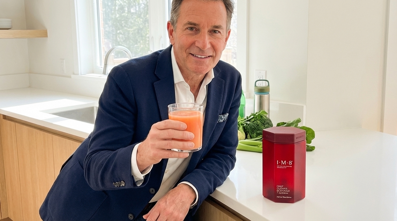Man in blazer holding orange supplement drink next to IM8 container in modern kitchen