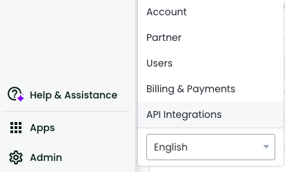 The Admin menu in the Realize UI, with API Integrations selected.