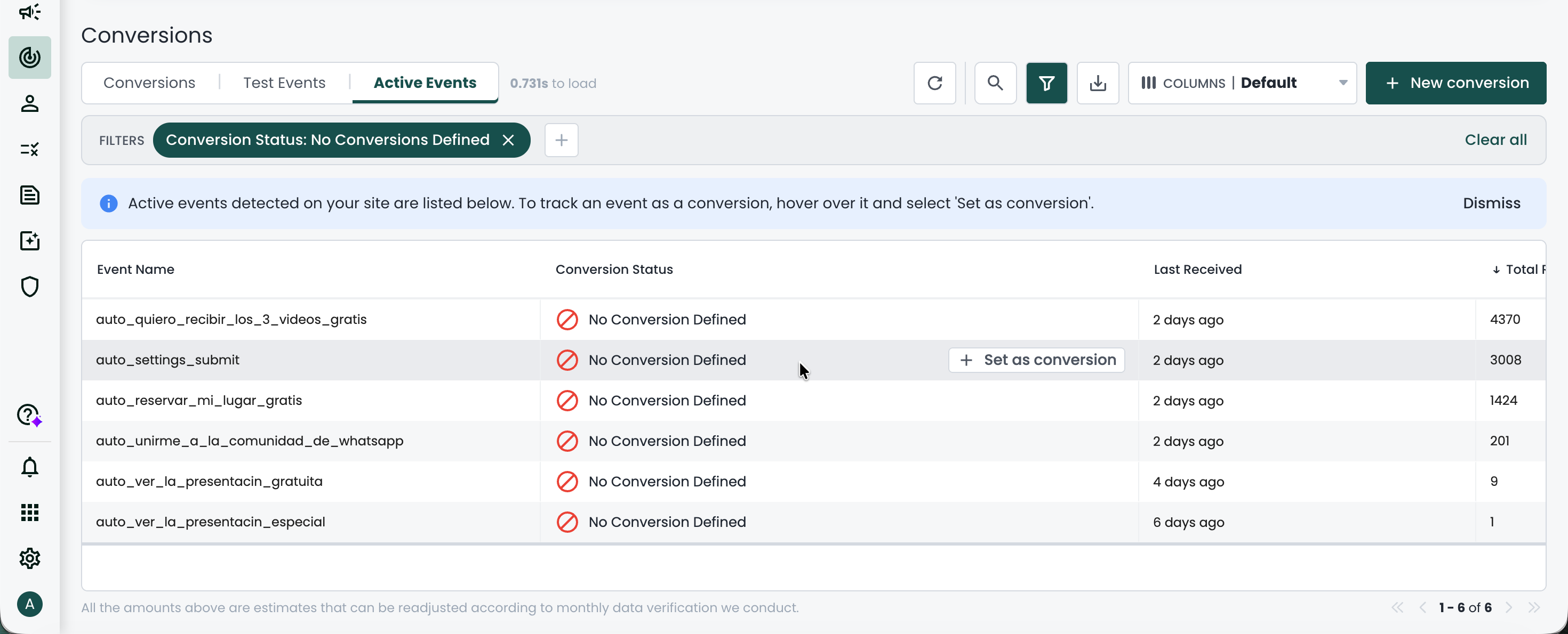 Active Events tab in Realize listing automatically detected events